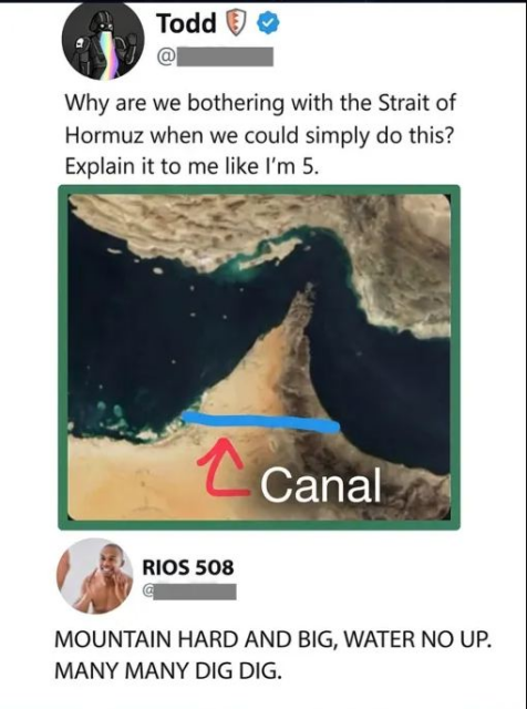 A map of the Strait of Hormuz, showing the sharp bend in the water where it flows around the pointy bit of Oman close to the Iranian shore. User Todd has drawn a blue line straight across the middle of the peninsula, from about Abu Dhabi to Sohar, and helpfully added a red arrow pointing to it labelled "Canal", with the comment "Why are we bothering with the Strait of Hormuz when we could just do this? Explain it to me like I'm 5".

User RIOS 508 has replied, in capital letters, "Mountain hard and big, water no up, many many dig dig".

(ALT by @mothninja@beige.party)