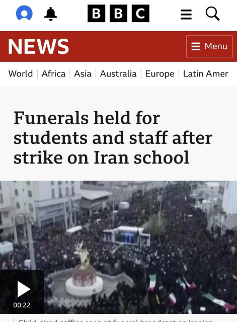 A screenshot of a BBC headline that reads "Funerals held for students and staff after strike on Iran school"