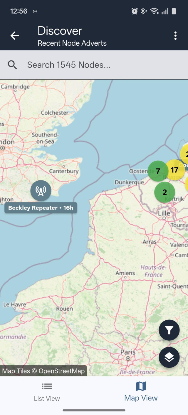 A map of the area around the British Channel, showing a number of nodes on the mainland, and one in England.