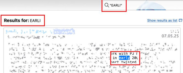 Screenshot of Mozilla Thunderbird's e-mail search. The entered search prompt is EARLI (in double quotes), however the returned result shows a mail containing the word 'early'.