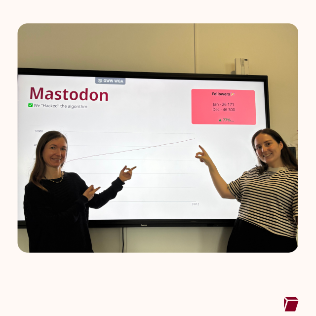 Hanna and Lena standing and pointing at a presentation displaying that Tuta's Mastodon followers increased by 77% between January 2025 - December 2025. 