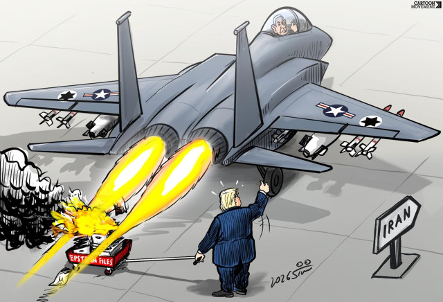Cartoon showing cart full of Epstein Files burning behind a US-Israeli F15 Fighter Jet performing full throttle on the ground with Netanyahu sitting in the pilot's seat and Trump holding the cart.
