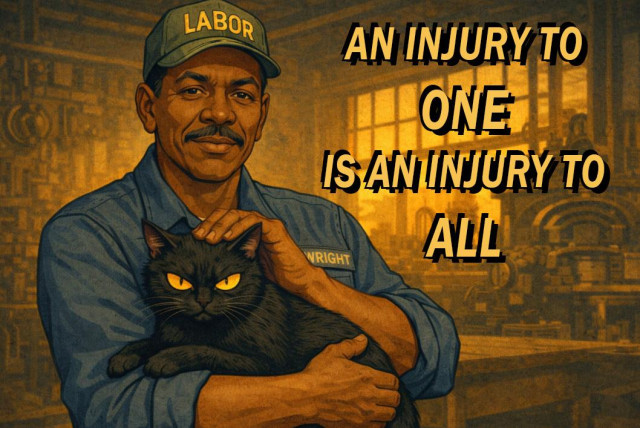 Illustrated poster showing an older Black industrial worker wearing a work shirt labeled “Wright” and a cap that reads “LABOR.” He stands in a warm-lit factory workshop while holding and calmly petting a black cat with bright yellow eyes that resembles the historic “Wobbly” labor cat symbol. Large bold text beside him reads: “AN INJURY TO ONE IS AN INJURY TO ALL.”