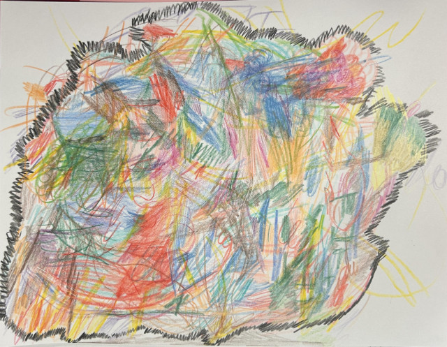 On white card stock a multicolored scribble blob banded in black, irregularly shaped reminiscent of borders on a map. 