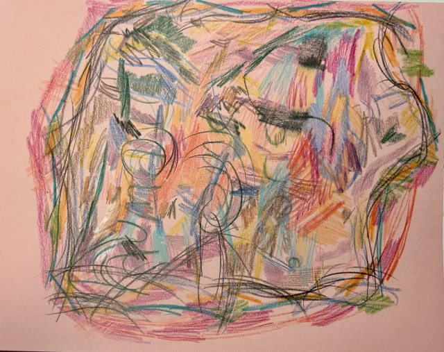 On pink card stock an irregular blob of multicolored pencil scribbles 