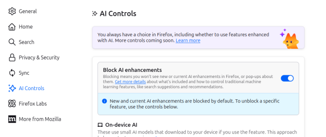 Block AI Enhancements toggle in Firefox settings