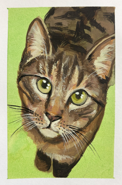 painting of a brown tabby cat looking upward with light green eyes and a bright lime green background to match 