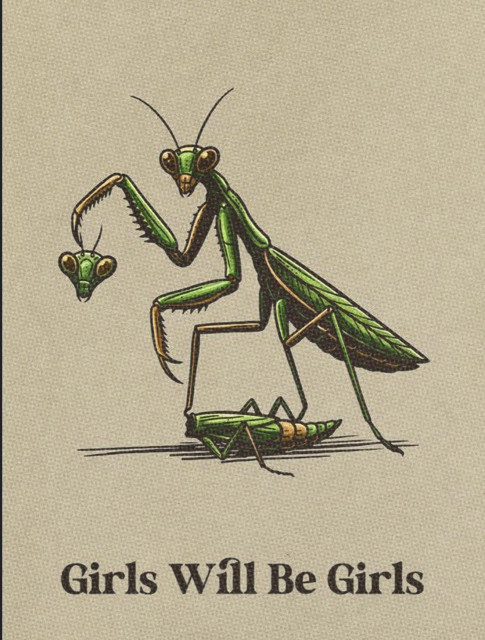 A stylized cartoon of a female praying mantis standing in a dominant pose while holding the severed head of a male mantis, whose body lies below her. Beneath the illustration, the caption reads “Girls Will Be Girls.”