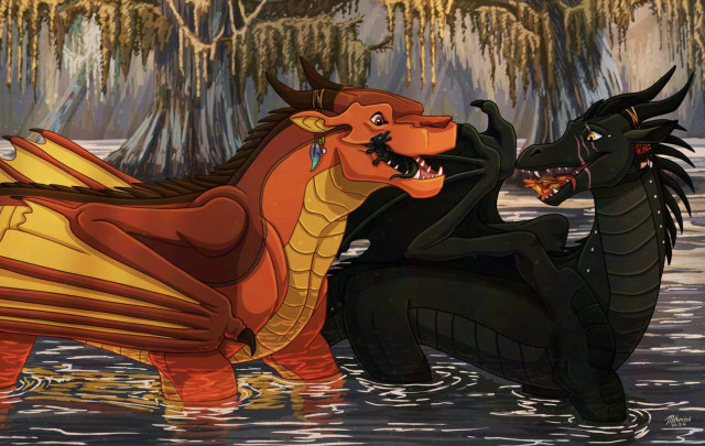 Two dragons, one of various browns and yellows, and the other black and dark grey, walking through a swamp with their babies riding in their mouths like crocs.