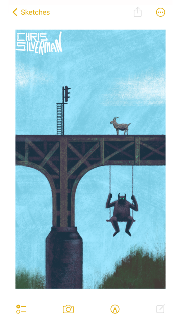 A heavy, rusty, iron railroad bridge stands against a blue, mostly cloudless sky. Sticking up from it is a railroad signal. Walking across the bridge is a small light-colored goat. Hanging beneath the bridge, sitting on a swing, is a heavy, black, horned figure with glowing green eyes. A blurry green treeline is visible below, in the background. The painting is signed "Chris Silverman".