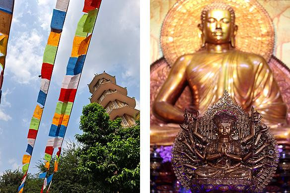 Two-paneled image: left side depicts colorful prayer flags and a tiered pagoda, the right side a close-up of a golden Buddha statue with a smaller, bronze statue in front.