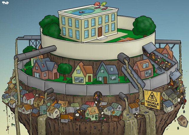 Cartoon showing a mountain with three tiers. The top of the mountain is flat and forms the first tier; a villa stands here with a pool on the roof; a lawn with trees and a tennis court surrounds it, as well as a high wall. The second tier is also surrounded by a wall and consists of middle class houses. The lowest and smallest tier is crammed full of slum dwellings. Sewer pipes and garbage chutes jut out from the first and second tier and rain down brown sludge and garbage onto the slums on the third tier. A large sign here shows a skull and crossbones and the word 'Trickle-down'.