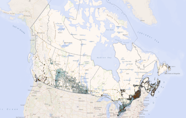 A map of Canada overlaid with dense clusters of colored lines and points, likely representing transportation or movement patterns. The heaviest concentrations appear in southern Ontario and Quebec, especially around the Great Lakes and the Montreal-Toronto corridor, with additional dense networks in the Prairie provinces and Atlantic Canada. Northern Canada is mostly sparse, with only a few scattered routes.