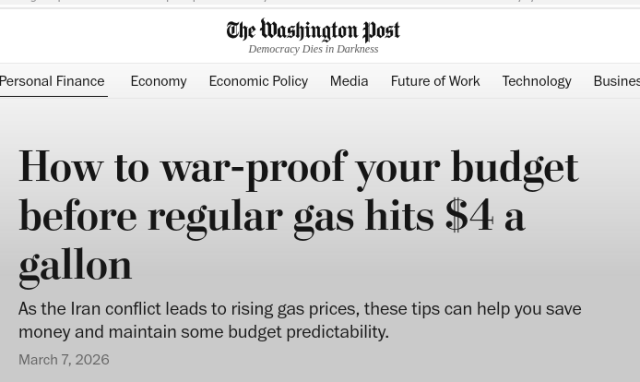WAPO article "How to war-proof your budget before regular gas hits $4 a gallon"