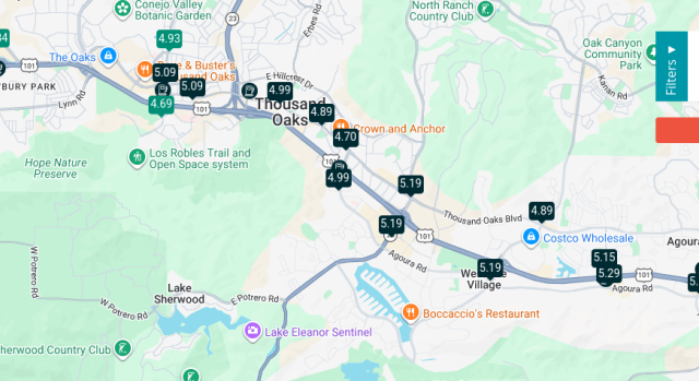 Gasbuddy map near Thousand Oaks showing gas prices all the way to $5.29 per gallon