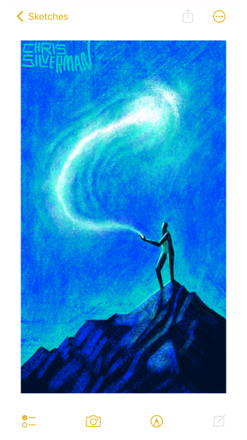 A figure stands on a craggy dark mountaintop under a dark blue sky. The figure's hand is outstretched, and a glowing whitish-green fireball leaps from it into the sky, casting a glow over everything. The painting is signed "Chris Silverman".