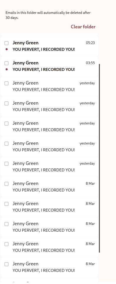 Screenshot of my spam folder containing the same email over and over, several times per day.