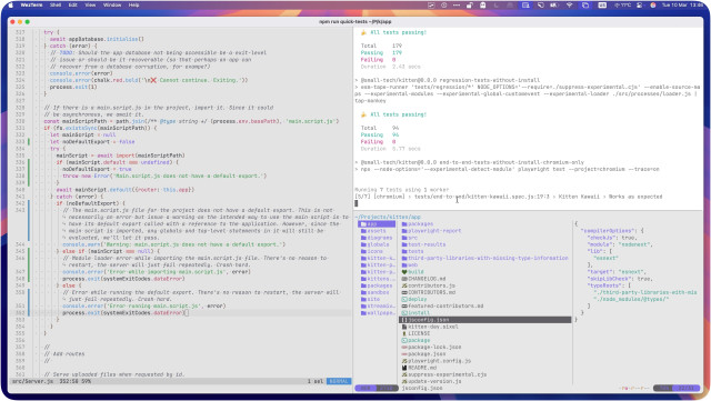 Screenshot of a macOS system with WezTerm running maximised (with a little bit of margin because shiny colourful wallpaper FTW). It’s split into three panes: Helix Editor running in the left with the source code for a file called src/Server.js open. A top-right pane showing unit, regression and end-to-end tests running (179 unit tests passed, 94 regression tests passed, running 7 end-to-end tests, currently at 5/7, running tests/end-to-end/kitten-kawaii-spec.js in Chromium). The lower right pane has Yazi, showing a three-column file system view where the app folder of ~/Projects/kitten/app is selected in the first column, its contents shown in the second, with jsconfig.json selected and the contents of that file showing the final column.