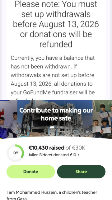 For two years I've been collecting these donations, but unfortunately, I haven't been able to withdraw anything yet.

If anyone has a solution to this problem or a similar experience, please let me know in the comments.

Because of this issue, I stopped posting the GoFundMe link.

Now I have a new link on Chuffed.

I just want to be able to prepare for my upcoming baby, and I hope to find some compensation or help after this long wait.
Iink https://chuffed.org/project/144437
#gaza #palestine 