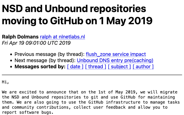 Screenshot of the unbound-users mailing list announcement on the migration to GitHub in 2019.