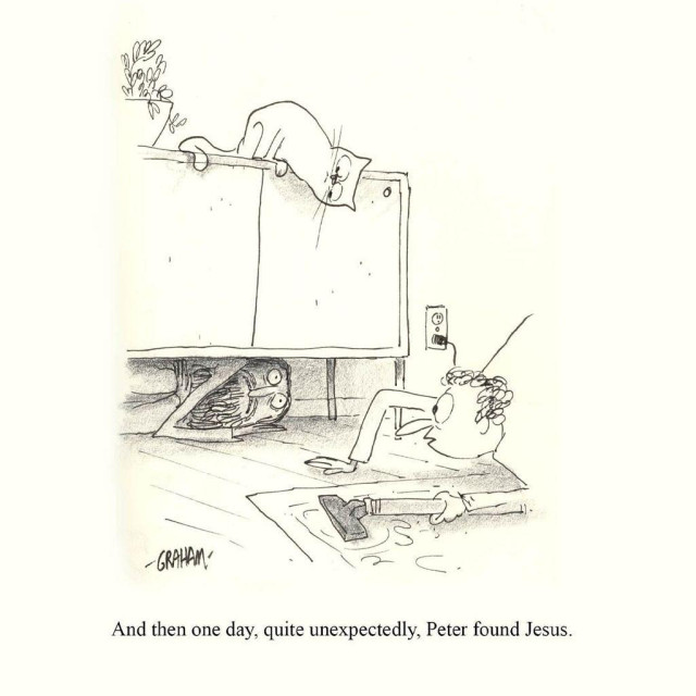 A cartoon illustration of a man down on the floor vacuuming and being surprised to see a bearded scared man hiding under the credenza. Caption reads "And then one day, quite unexpectedly, Peter found Jesus."