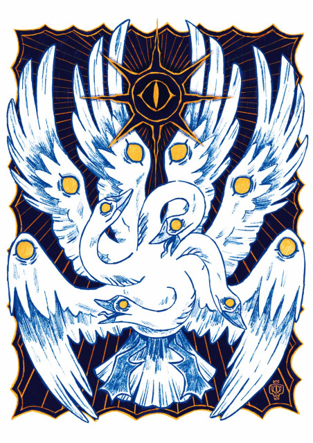 This illustration depicts a goose with four heads, three pairs of wings complete with an eyeball imbedded in each as well as an eye floating above the goose within a 8-pointed star. All Hail The Goose!