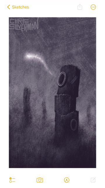 A stack of indecipherable objects sits in a gloomy dull gray netherworld. The objects vaguely resemble tree stumps, although at least one of them looks like bolted-together metal. Two of them have neat, machined holes. Drifting from one of the holes is a wispy glowing entity that looks like a tadpole made of white light. The environment is foggy, and the dim outlines of other stacks can be seen in the background. The painting is signed "Chris Silverman".