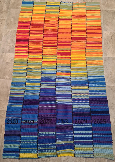 A large crochet blanket that looks like a bar graph in stripes of rainbow colors, with 6 long vertical panels labeled with the years 2020 through 2025. Each panel shows the seasonal shifts in the daily high temperature. Notable highlights are the extremely hot summer of 2020, the very cold polar vortex of 2022, a strange week of warm days in the spring of 2023, and the extremely mild winter of 2024. The most recent panel shows evidence of our very short, wet summer this past year, with many fewer orange and red days.