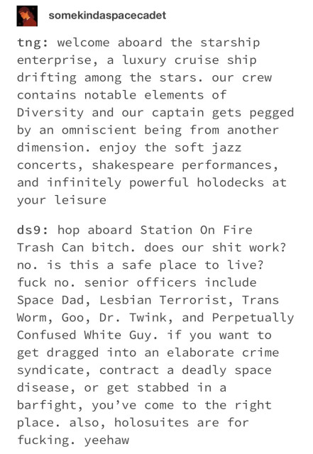 Tumblr screenshot from somekindaspacecadet.

tng: welcome aboard the starship
enterprise, a luxury cruise ship
drifting among the stars. our crew
contains notable elements of
Diversity and our captain gets pegged
by an omniscient being from another
dimension. enjoy the soft jazz
concerts, shakespeare performances,
and infinitely powerful holodecks at
your leisure

ds9: hop aboard Station On Fire
Trash Can bitch. does our shit work?
no. is this a safe place to live?
fuck no. senior officers include
Space Dad, Lesbian Terrorist, Trans
Worm, Goo, Dr. Twink, and Perpetually
Confused White Guy. if you want to
get dragged into an elaborate crime
syndicate, contract a deadly space
disease, or get stabbed in a
barfight, you've come to the right
place. also, holosuites are for
fucking. yeehaw