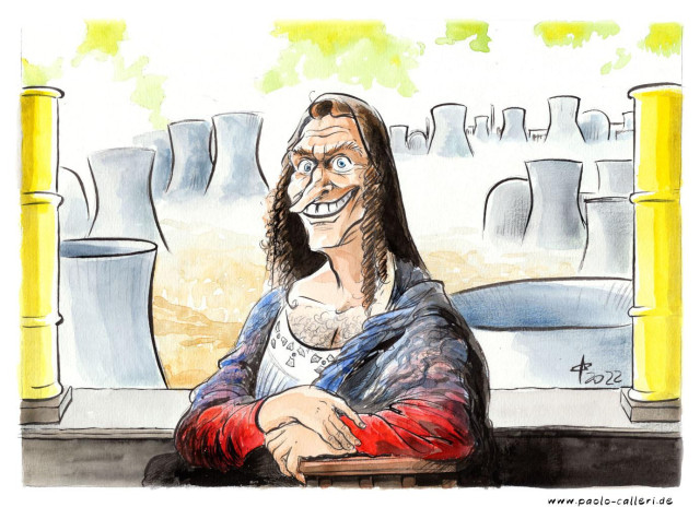 Karikatur "Renaissance Française" aus dem Jahr 2022. Macron sitzt uns gegenüber und blickt uns grinsend an. Er hat dabei die Haltung von Da Vincis Mona Lisa eingenommen. Auf seinem Kopf trägt er einen durchsichtigen Schleier und lockiges dunkles Haar. Im Hintergrund sieht man einige Kühltürme. Flankiert wird sie Szene von gelben Fässern.