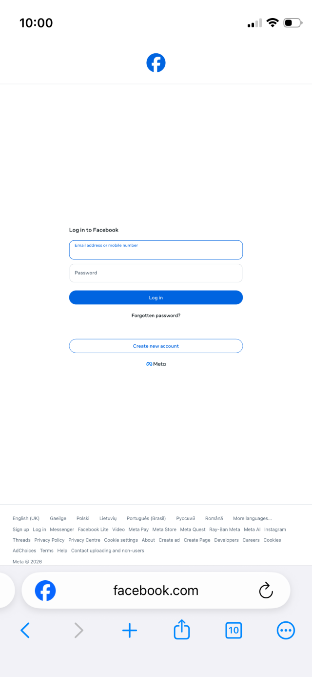 Facebook: Log in to Facebook page