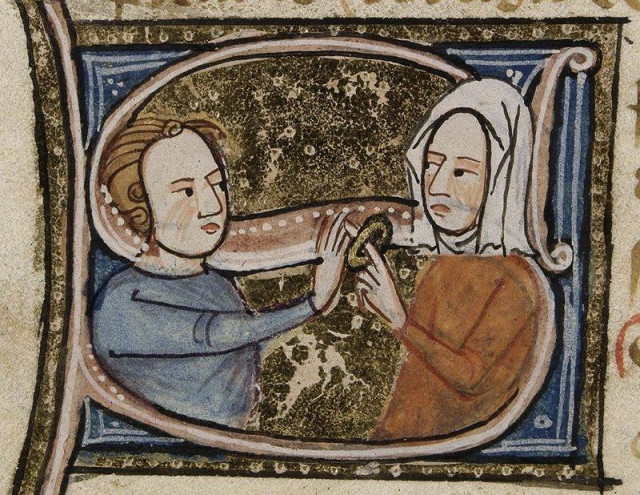 Detail of an historiated initial 'S'(sponsus) of a man placing a ring on a woman's finger. By James le Palmer / anonymous illustrator

British Library Royal MS 6 E VI, fol. 104

A historiated initial S from a medieval illuminated manuscript, painted in blue, pink, ochre, and olive green. Within the curved body of the letter, two figures face each other: on the left a young man in a blue tunic, on the right a woman in a white veil and rust-coloured garment. Between them, the man places or holds a small ring, their hands meeting at the centre. Both faces are simply rendered with calm expressions. The initial is framed by a blue and pink border with a dark speckled ground filling the background behind the figures.

https://commons.wikimedia.org/wiki/File:Omne_Bonum_Royal6EVI104_Anulus.jpg
