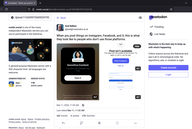Public post of Aral viewed from mstdn.social without account