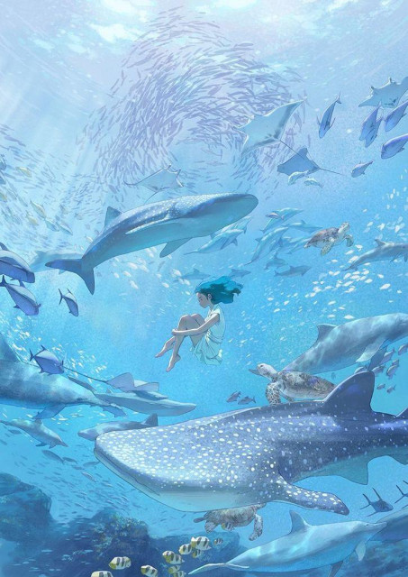 a digita painting of an underwater scene: a girl with blue hair surrounded by whale sharks and other animals