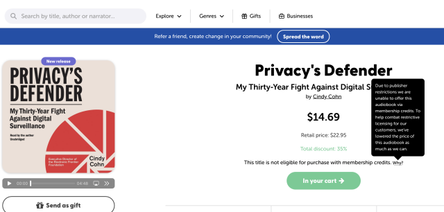 screen shot from Libro.fm showing that I can't use Libro credit because "Due to publisher restrictions we are unable to offer this audiobook via membership credits. To help combat restrictive licensing for our customers, weve lowered the price of this audiobook as much as we can."