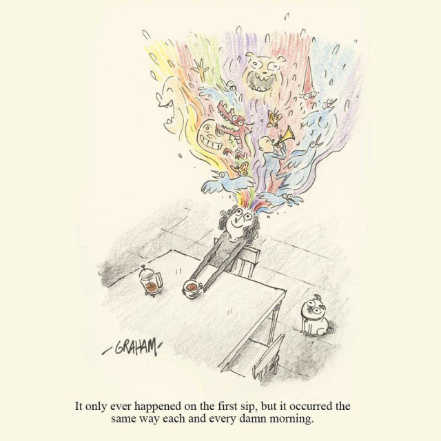 A cartoon illustration of a woman having her first sip of coffee and a multicolored blast of ideas are pouring out of her head. Caption reads "It only ever happened on the first sip, but it occurred the same way each and every damn morning."