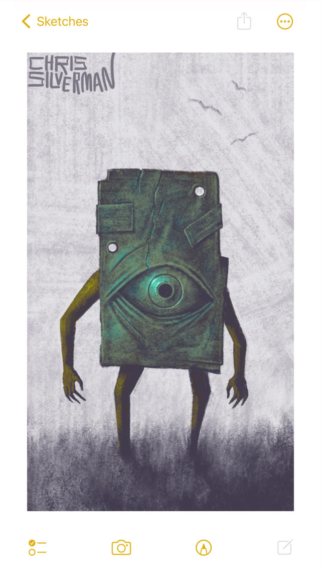 A figure wearing a heavy metal mask walks through a gray field under a gray sky. The mask is tall and rectangular, the dull green of tarnished color, and covers most of the figure's body. It has one eye on the lower part. The upper part is cracked and striated, with a few patches and holes. Above, a few birds circle in the sky. The painting is signed "Chris Silverman".