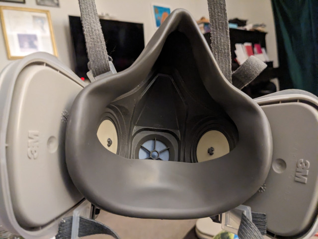 Inside view of a 3M 6300 elastomeric mask showing the smooth, soft interface that makes the seal.