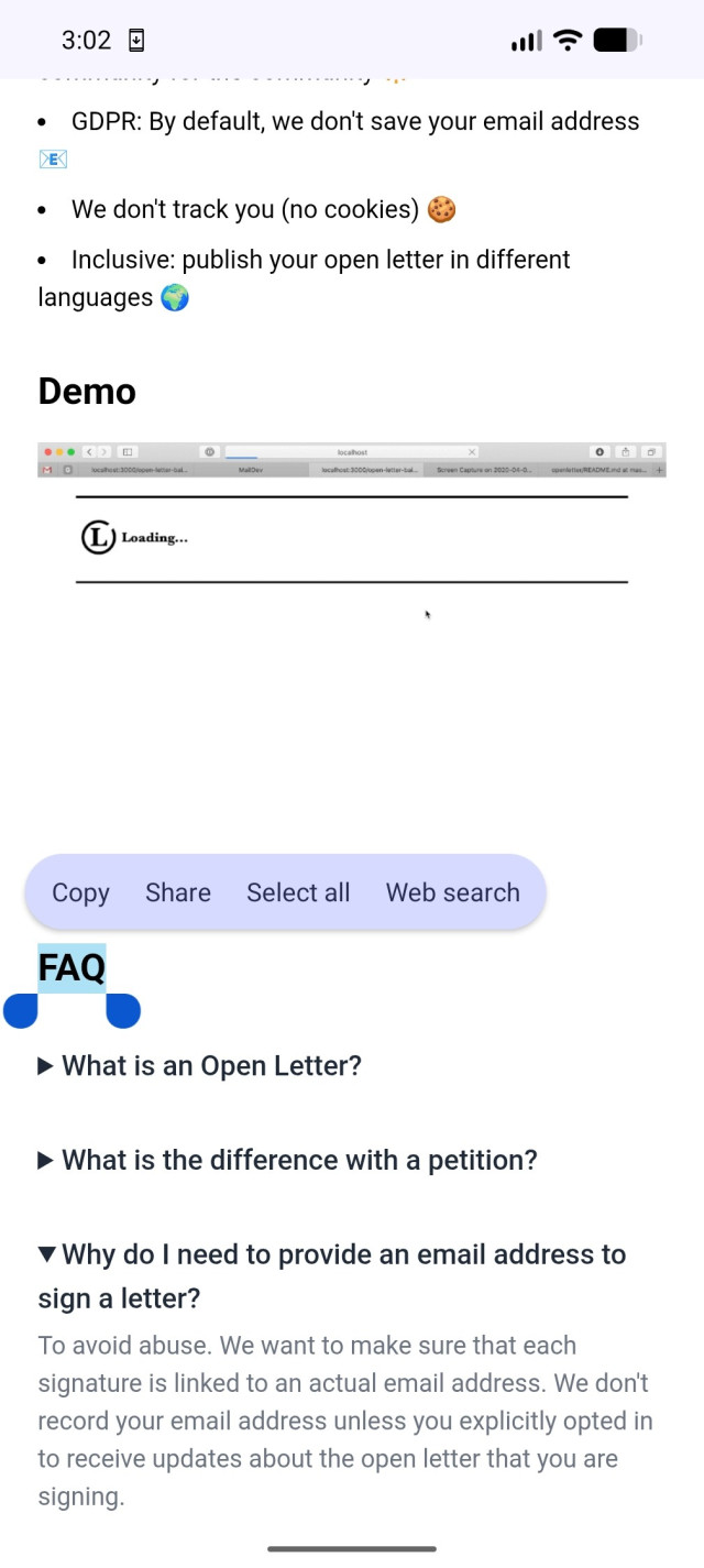 screenshot of open letter.earth main page listing main FAQs.