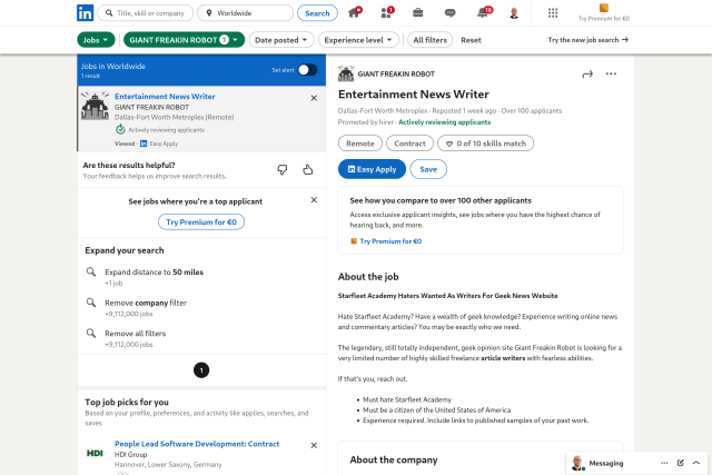 LinkedIn screenshot. A job offer by GIANT FREAKIN ROBOT, for a position as "Entertainment News Writer", with over 100 applicants. Details read:

About the job

Starfleet Academy Haters Wanted As Writers For Geek News Website

Hate Starfleet Academy? Have a wealth of geek knowledge? Experience writing online news and commentary articles? You may be exactly who we need.

The legendary, still totally independent, geek opinion site Giant Freakin Robot is looking for a very limited number of highly skilled freelance article writers with fearless abilities.

If that’s you, reach out.

• Must hate Starfleet Academy
• Must be a citizen of the United States of America
• Experience required. Include links to published samples of your past work.