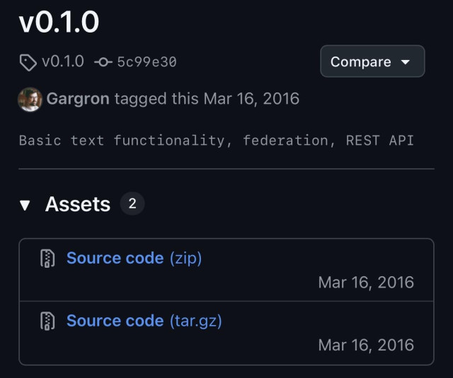 Screenshot of Eugen Rochko's first Mastodon version, v0.1.0, on GitHub on March 16, 2016, with the description "Basic text functionality, federation, REST API."