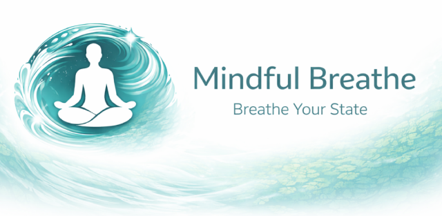 Mindful Breathe app logo — white silhouette of a person sitting in a meditation pose, surrounded by a teal swirling wave. Text reads: Mindful Breathe — Breathe Your State. Light teal watercolor background.