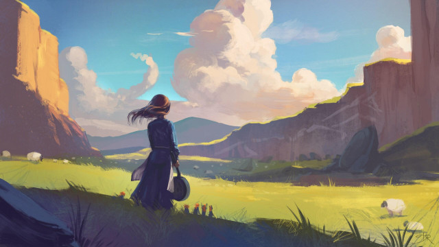 A digital painting with visible brush strokes, of a landscape view with sheeps at sunset, on the Chalk, with Tiffany Aching in foreground and the Nac Mac Feegles. The cloud are shaping her a hat of sky (a reference to the book "A Hat Full of Sky").