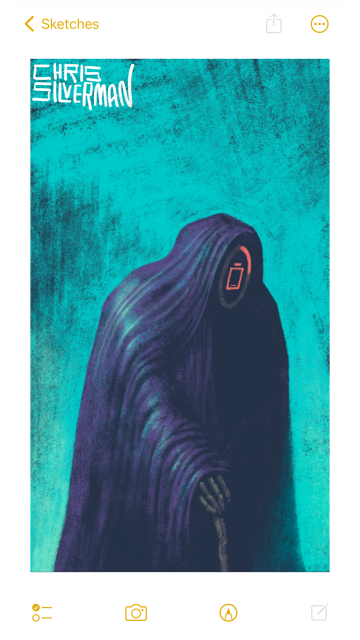 A figure in a heavy purple robe stands under a blue evening sky. The figure is mostly unseen, buried under the robe; one skeletal hand is visible, holding a walking stick. Under the hood, where its face would be, is a red icon of a low battery encircled by an Apple-esque charging ring: a gray circle with a short red arc indicating that the charge is low. The robe has a greenish sheen to it. In the distance is a blurry hint of trees. The painting is signed "Chris Silverman".