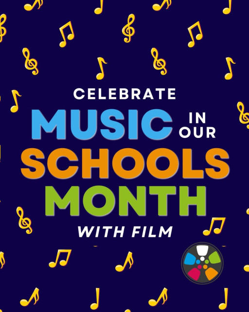 Colorful text says: "Celebrate Music In Our Schools Month With Film." 

The background is a dark blue field dotted with gold musical symbols.

The Journeys in Film logo is in the bottom right corner.