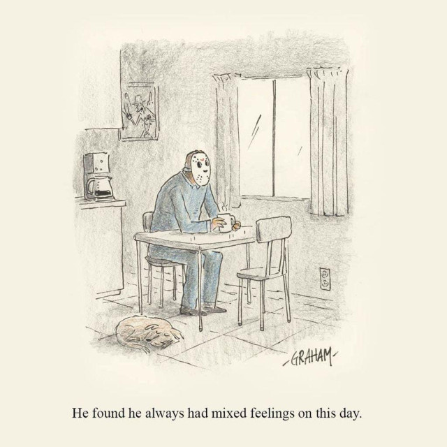 A cartoon illustration of Jason Voorhees quietly sitting in his kitchen with a cup of coffee, looking out the window. Caption reads "He found he always had mixed feelings on this day."