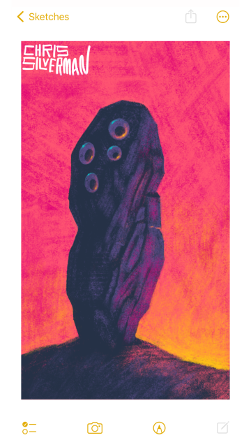 A tall, craggy, oblong boulder stands on a small hill at sunset. The sky is pink, with yellow at the horizon. The boulder has a dark purplish color to it. On its darker side are fixed four googly eyes, the kind one would find at a crafts store. The painting is signed "Chris Silverman".