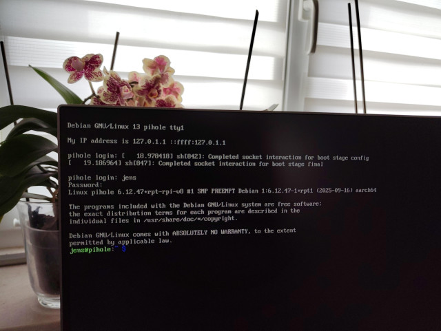 A screen showing a Linux terminal. The prompt says "jens@pihole:~ $"

The kernel line reveals it's on a raspberry pi.