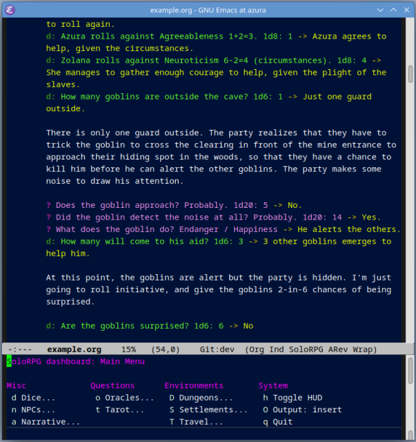 Screenshot showing Emacs, an extremely capable text editor, running SoloRPG mode. Text is colorized based on the Lonelog format, and at the bottom of the screen there's a dashboard with various functions for generating NPC, dungeons, and various types of events, rolling dice, drawing tarot cards, and so on.