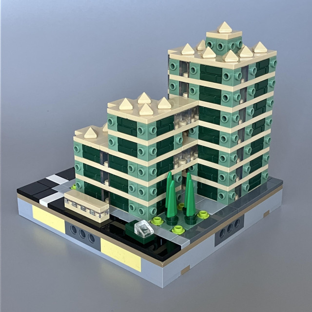 Right side of the buildings showing the bridges between blocks on the 3rd and 5th floors 